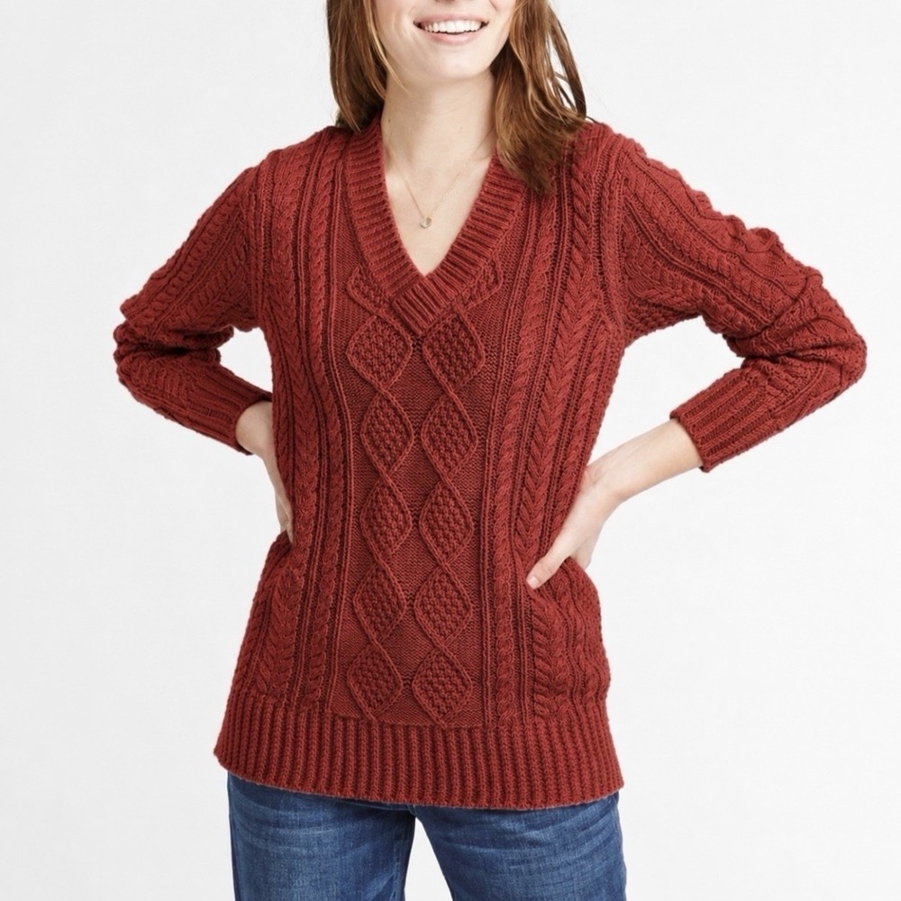 LL Bean Red Fisherman Chunky Cable Tunic Cotton Pullover Heavy Sweater MEDIUM